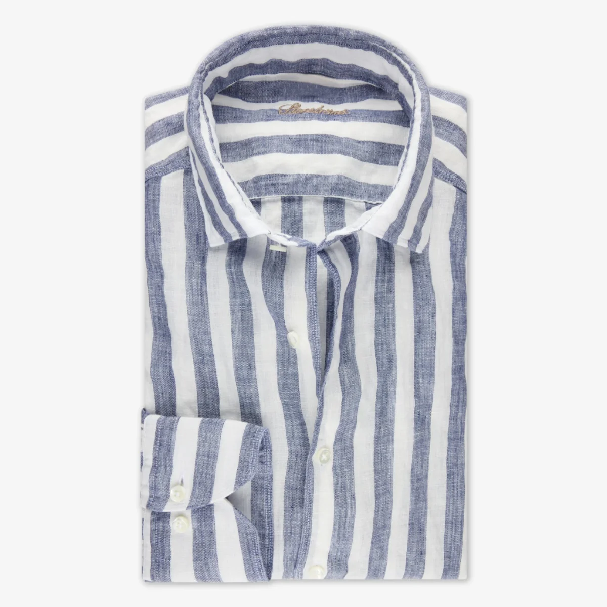Stenströms navy slim fit bold striped linen shirt