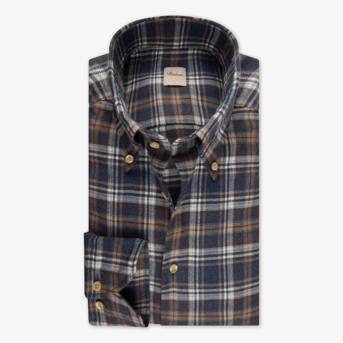 Stenströms navy slim fit checked flannel twill shirt