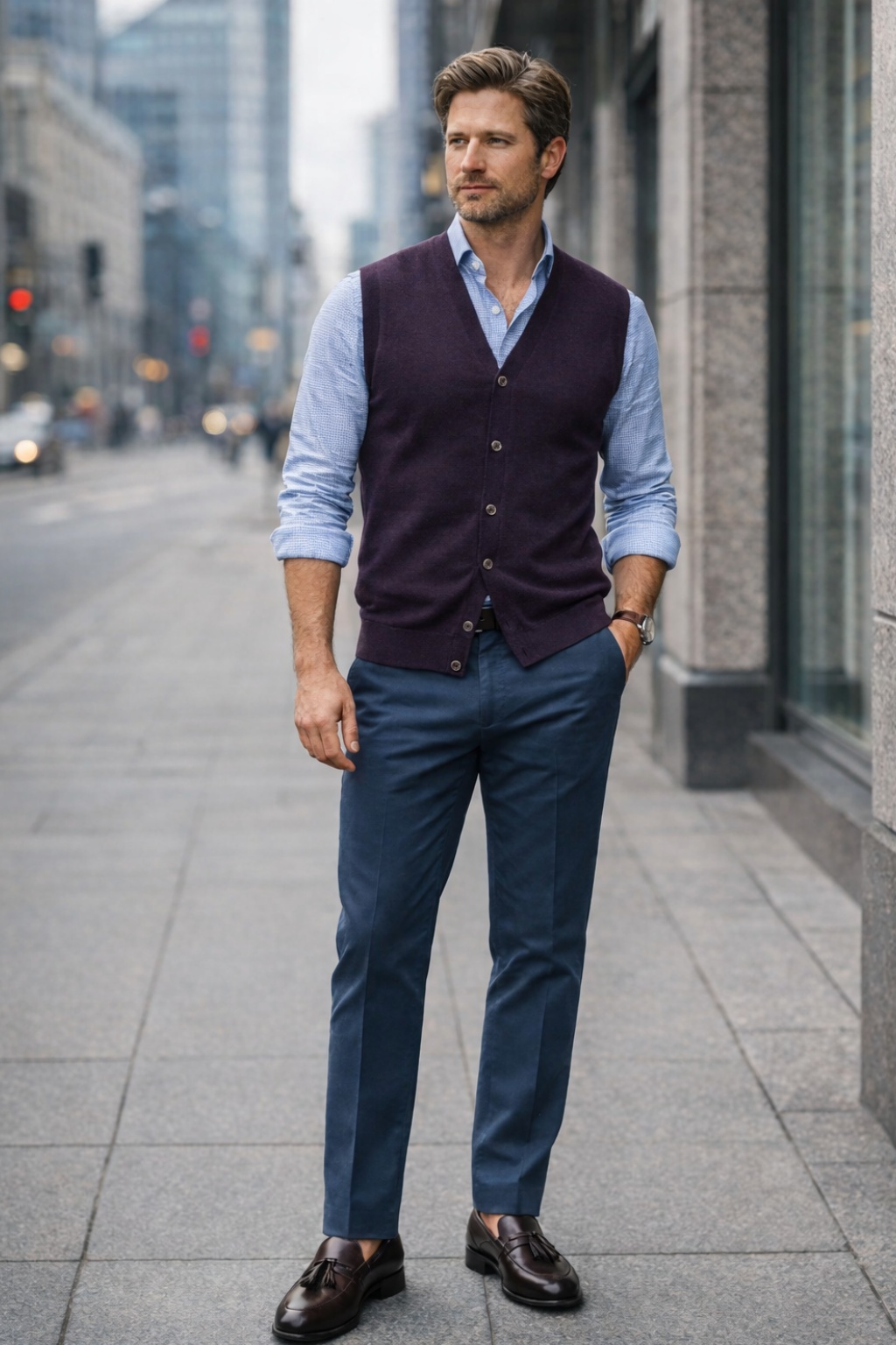 Aubergine vest, light blue shirt, blue chinos, brown tassel loafers outfit