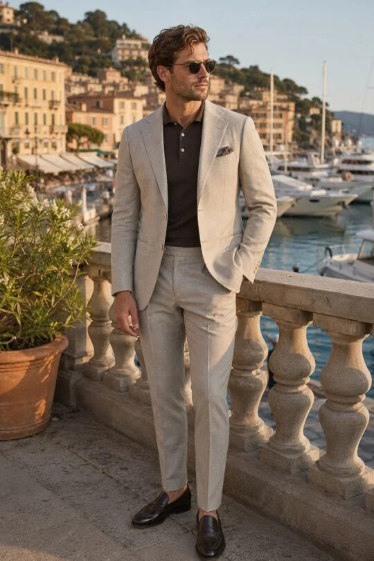 Beige suit, dark brown polo shirt, brown penny loafers outfit