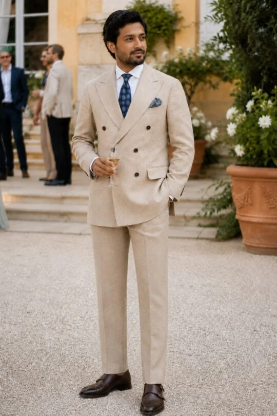 Beige suit, white shirt, brown monk strap shoes outfit