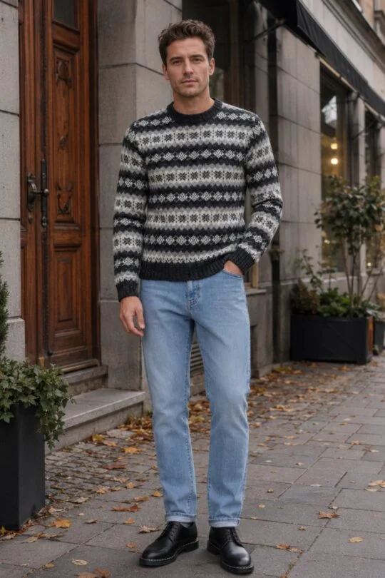 Black and grey Fair Isle sweater, light blue jeans, black derby shoes outfit