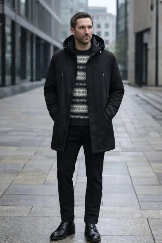 A man is wearing black parka, black and white Fair Isle sweater, black jeans and black brogue boots