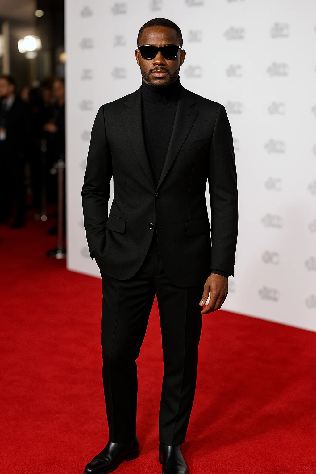 Black Suit, Black Rollneck, Black Chelsea Boots Outfit