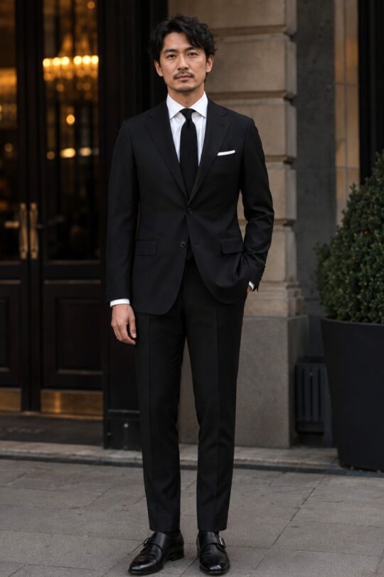 Black suit, white shirt, black grenadine tie, black monk strap shoes outfit