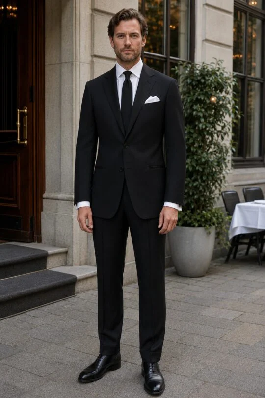 Black suit white shirt black oxford shoes outfit