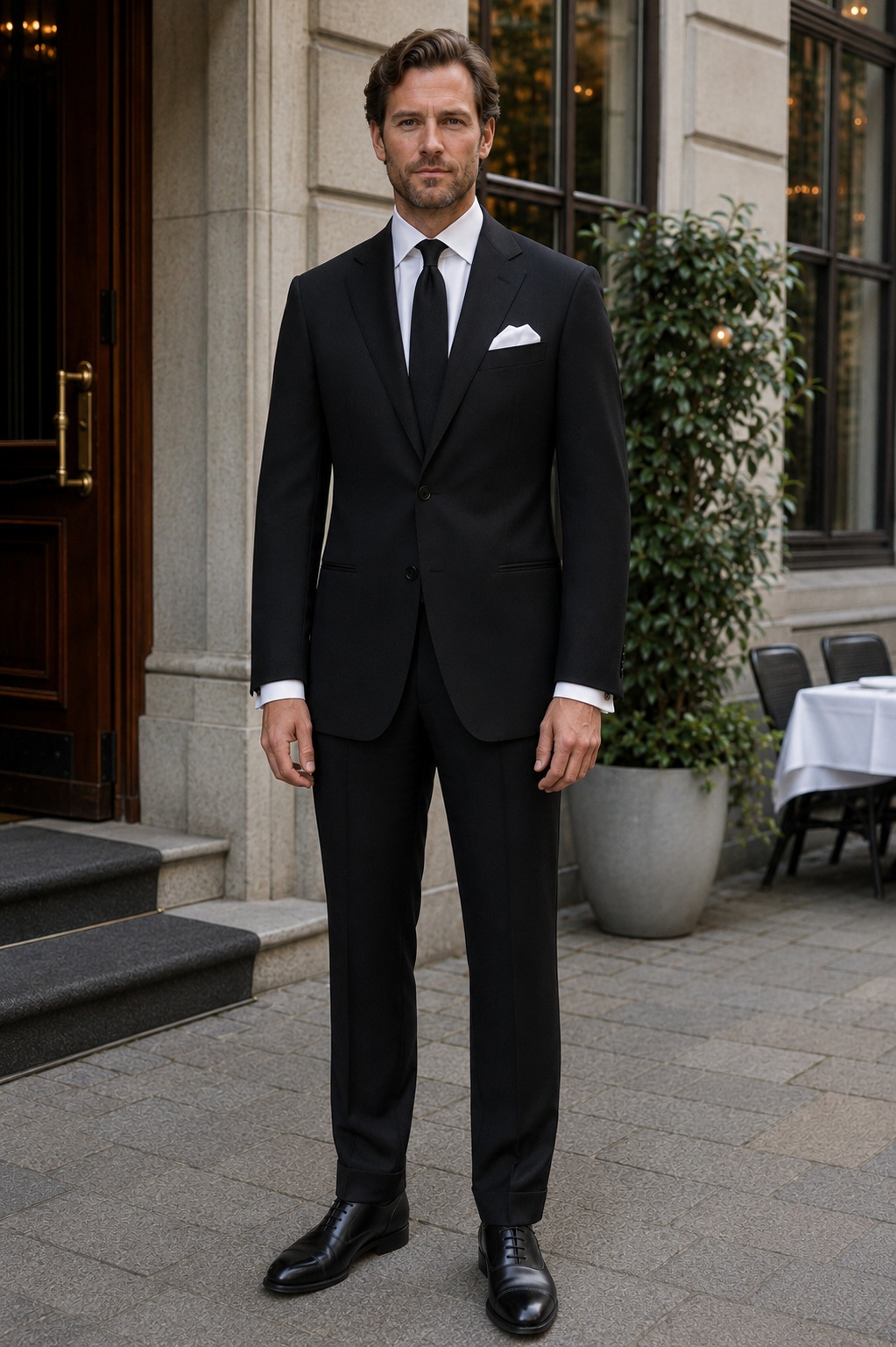 Black suit white shirt black oxford shoes outfit