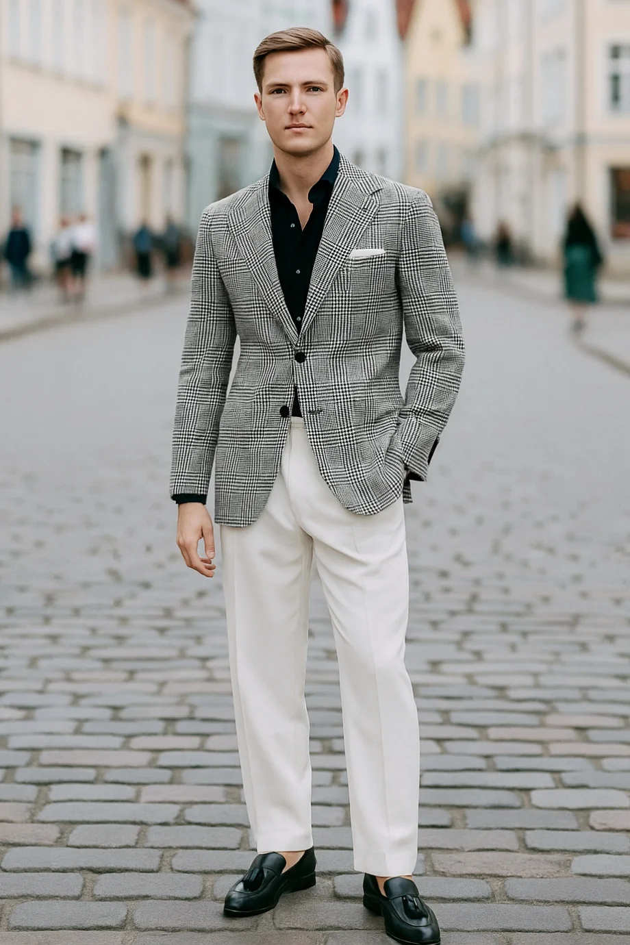 Black and white glen plaid blazer, black shirt, white chinos, black tassel loafers outfit