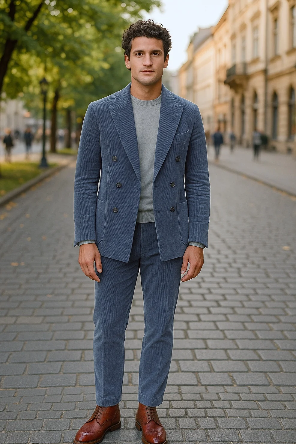 Blue Corduroy Suit, Light Grey Sweater, Brown Boots Outfit
