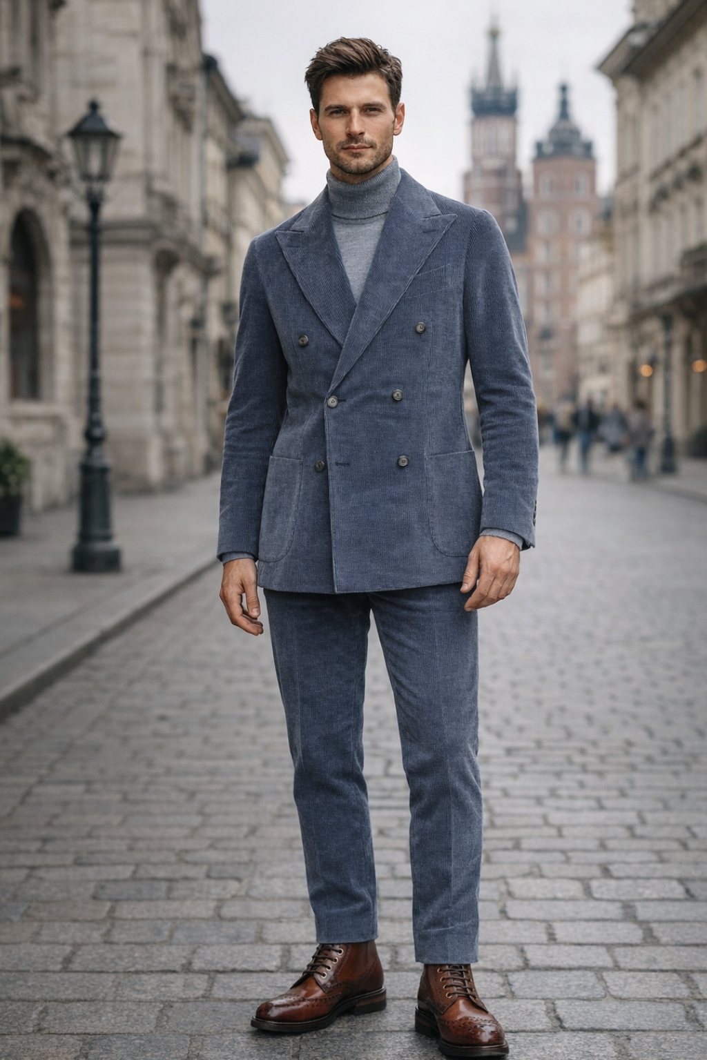 Blue Corduroy Suit, Light Grey Sweater, Brown Boots Outfit