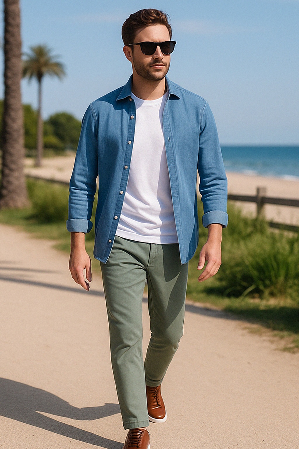 Light Grey Suit, White T-Shirt, Green Chinos, White Sneakers Outfit