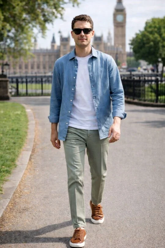Blue denim shirt, white t-shirt, green chinos, brown sneakers outfit