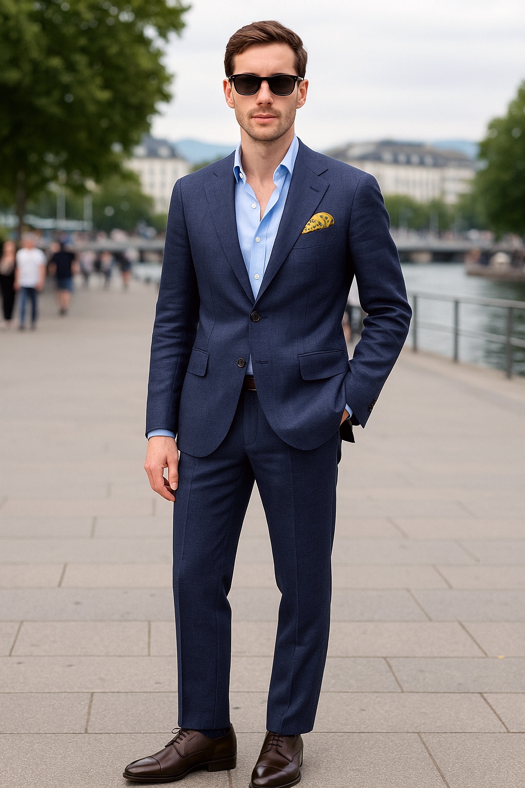 Blue suit, light blue shirt, brown derby shoes outfit