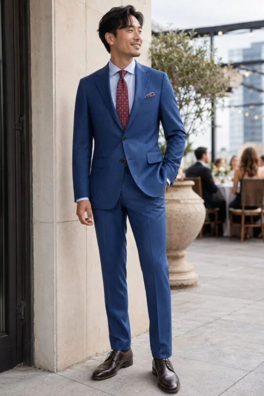 Blue suit, light blue shirt, brown derby shoes outfit