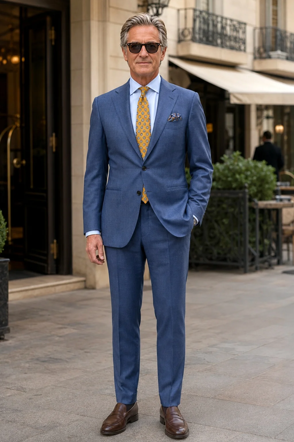 Blue suit, light blue striped shirt, yellow tie, brown penny loafers outfit
