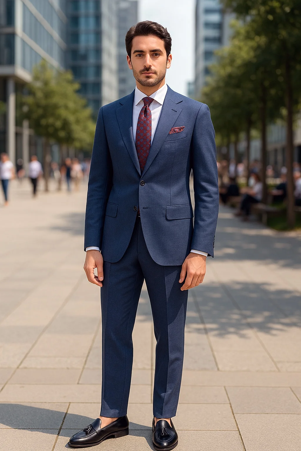Blue suit, white shirt, black tassel loafers outfit