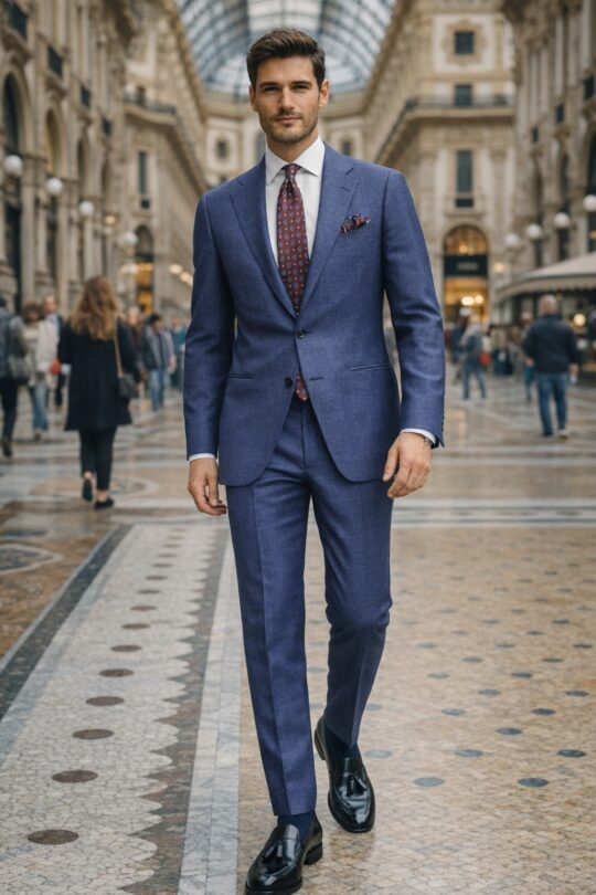 Blue suit, white shirt, black tassel loafers outfit