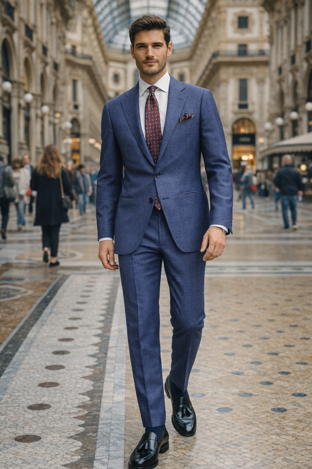 Blue suit, white shirt, black tassel loafers outfit
