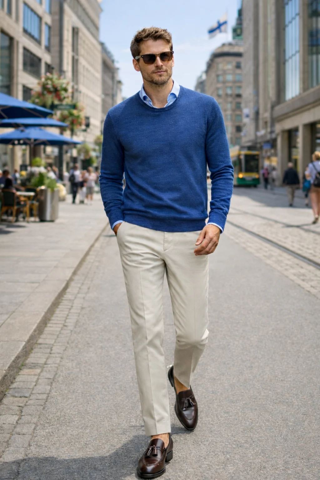 Blue sweater, off white trousers, brown tassel loafers outfit