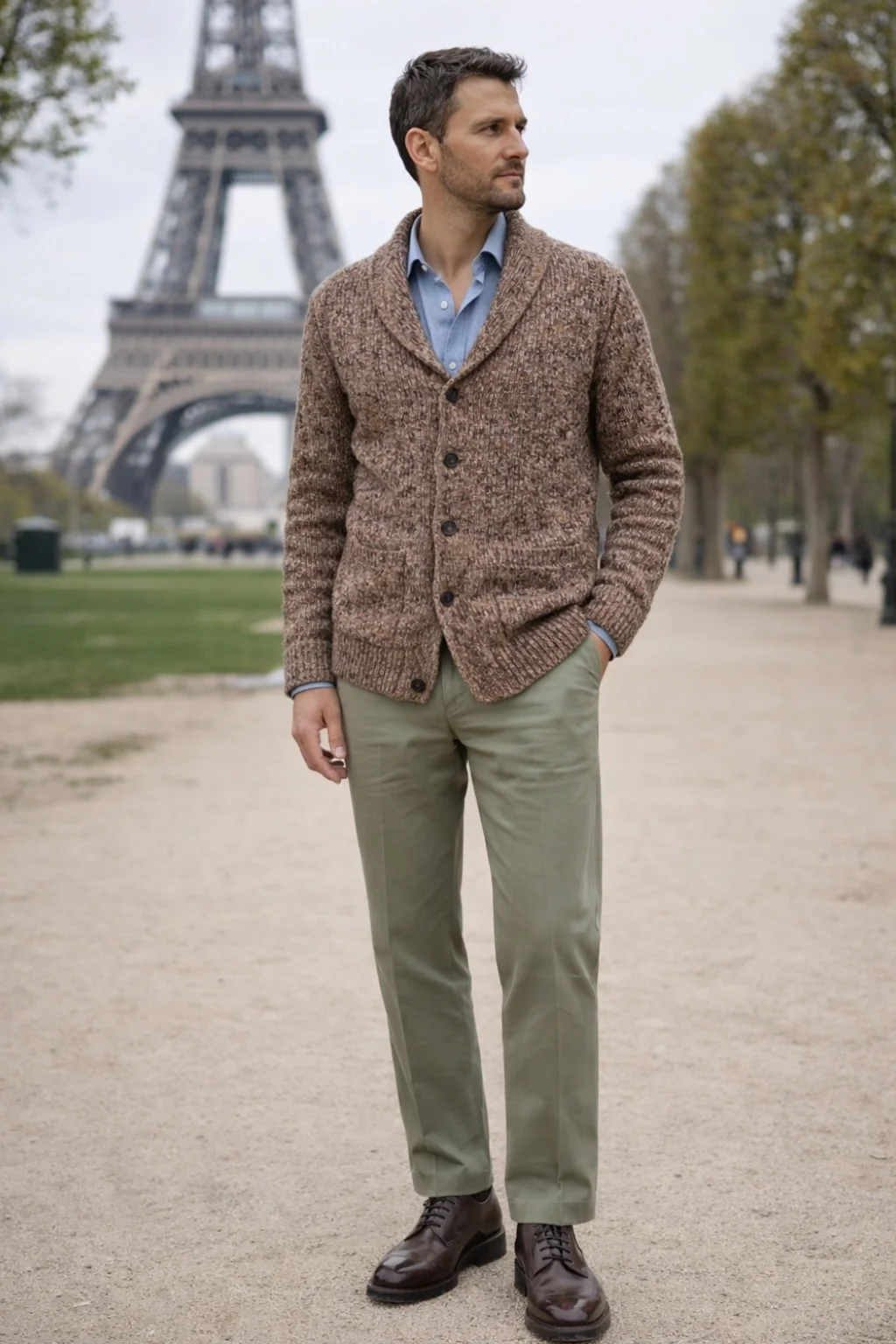Brown cardigan, blue denim shirt, green chinos, brown derby shoes outfit