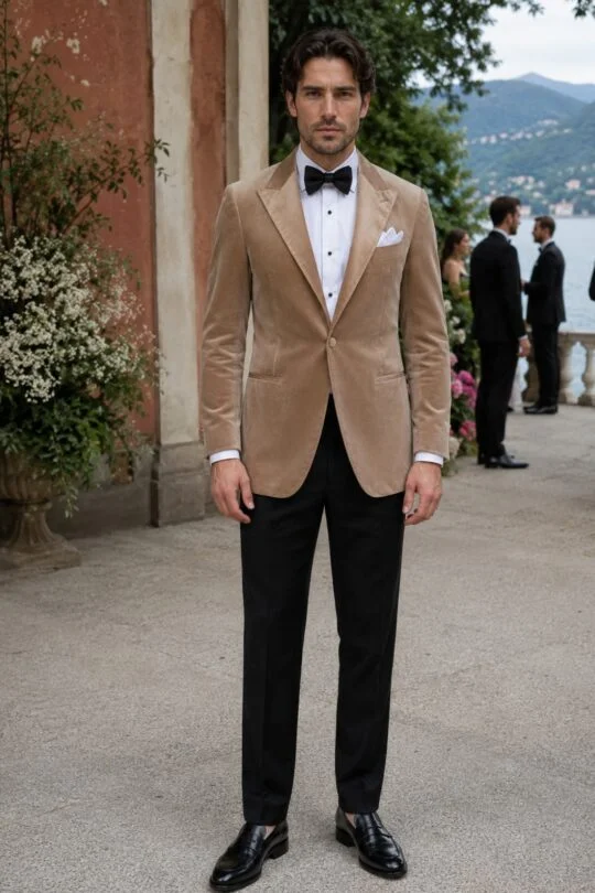 Brown dinner jacket, white shirt, black tuxedo trousers, black penny loafers outfit