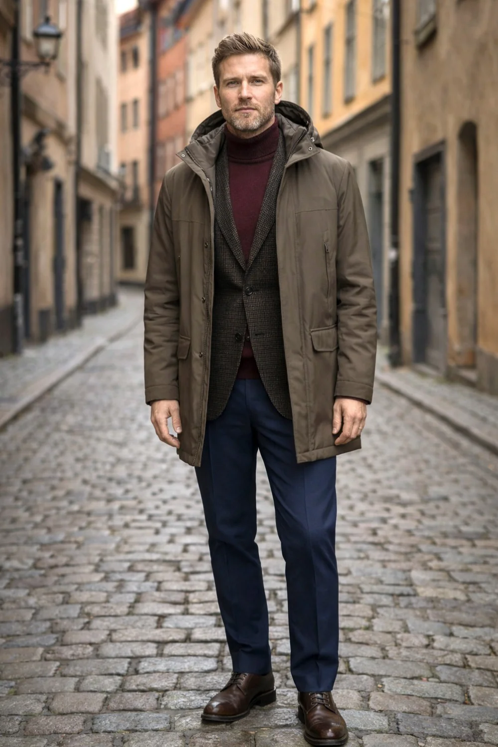 A man is wearing brown parka, brown houndstooth blazer, burgundy sweater, blue chinos and brown brogues