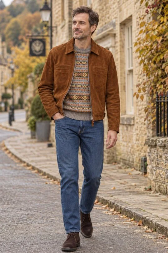 Brown suede trucker jacket, brown Fair Isle sweater, blue jeans, brown desert boots outfit
