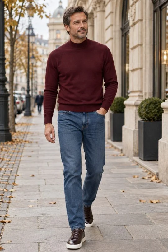 Burgundy mock neck sweater, blue jeans, dark brown sneakers outfit