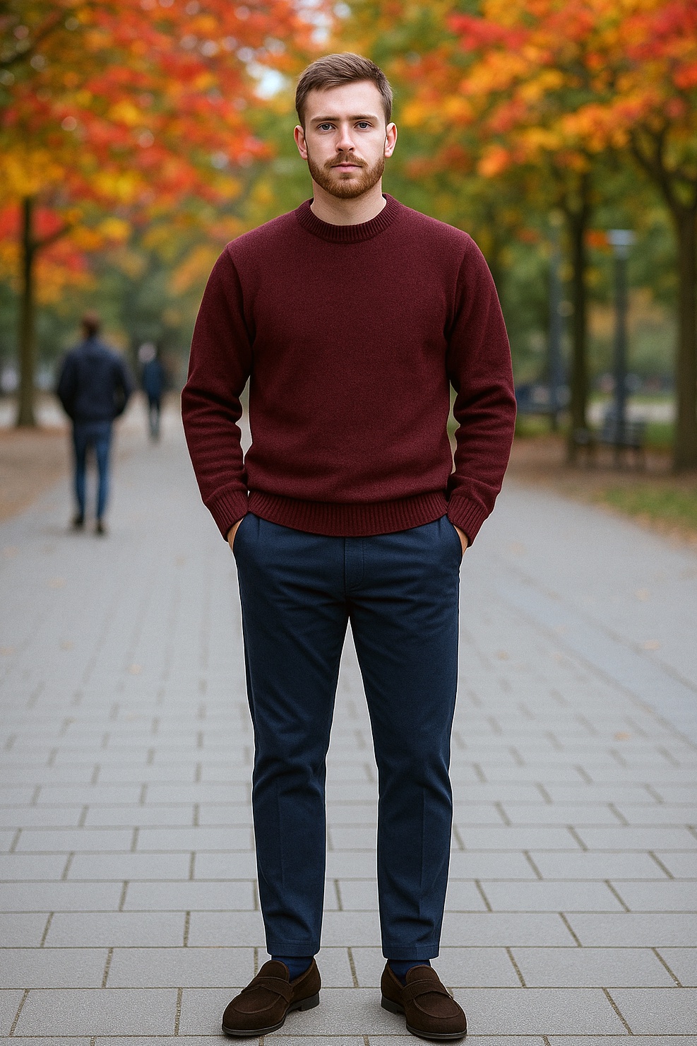 Burgundy crewneck, blue chinos, brown suede loafers outfit