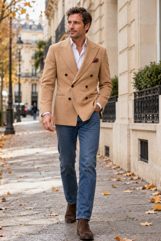 Camel blazer, white shirt, blue jeans, brown suede Chelsea boots outfit