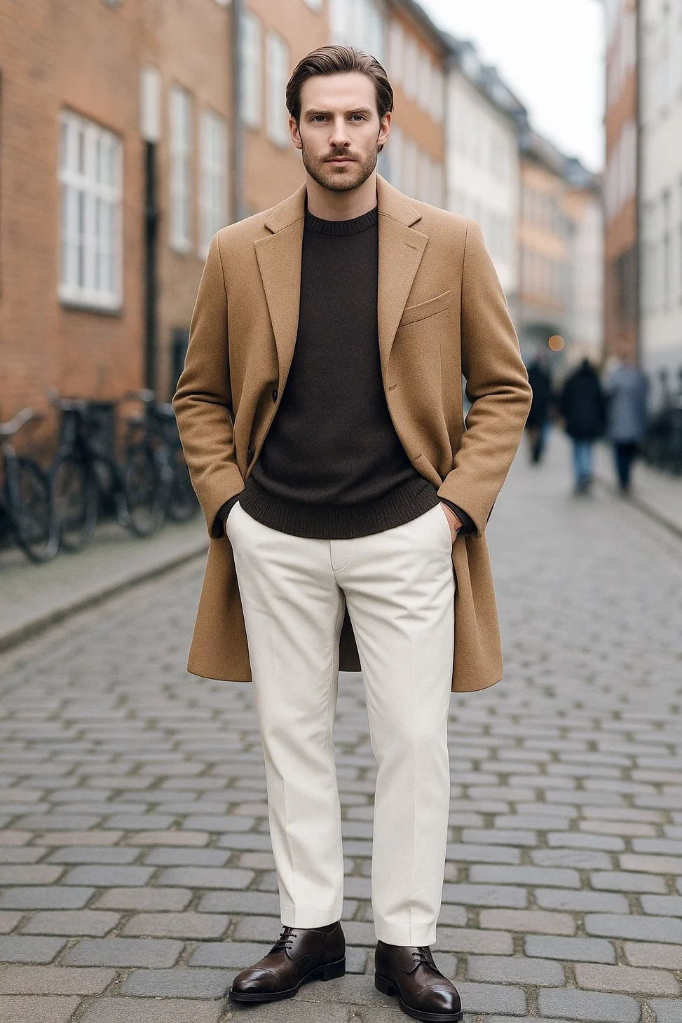 Camel coat, dark brown sweater, off white chinos, brown derby shoes outfit