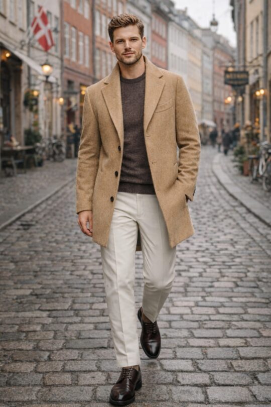 Camel coat, dark brown sweater, off white chinos, brown derby shoes outfit
