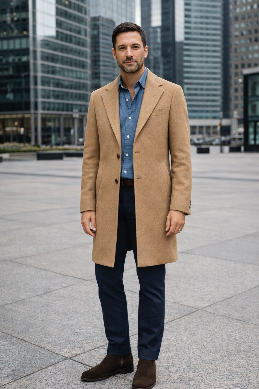 Camel coat, denim blue shirt, blue chinos, brown chelsea boots outfit