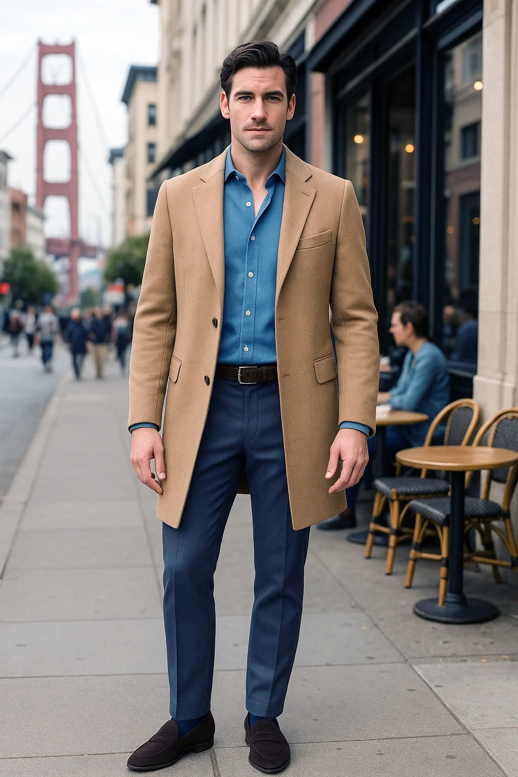 Camel coat, denim blue shirt, blue chinos, brown loafers outfit