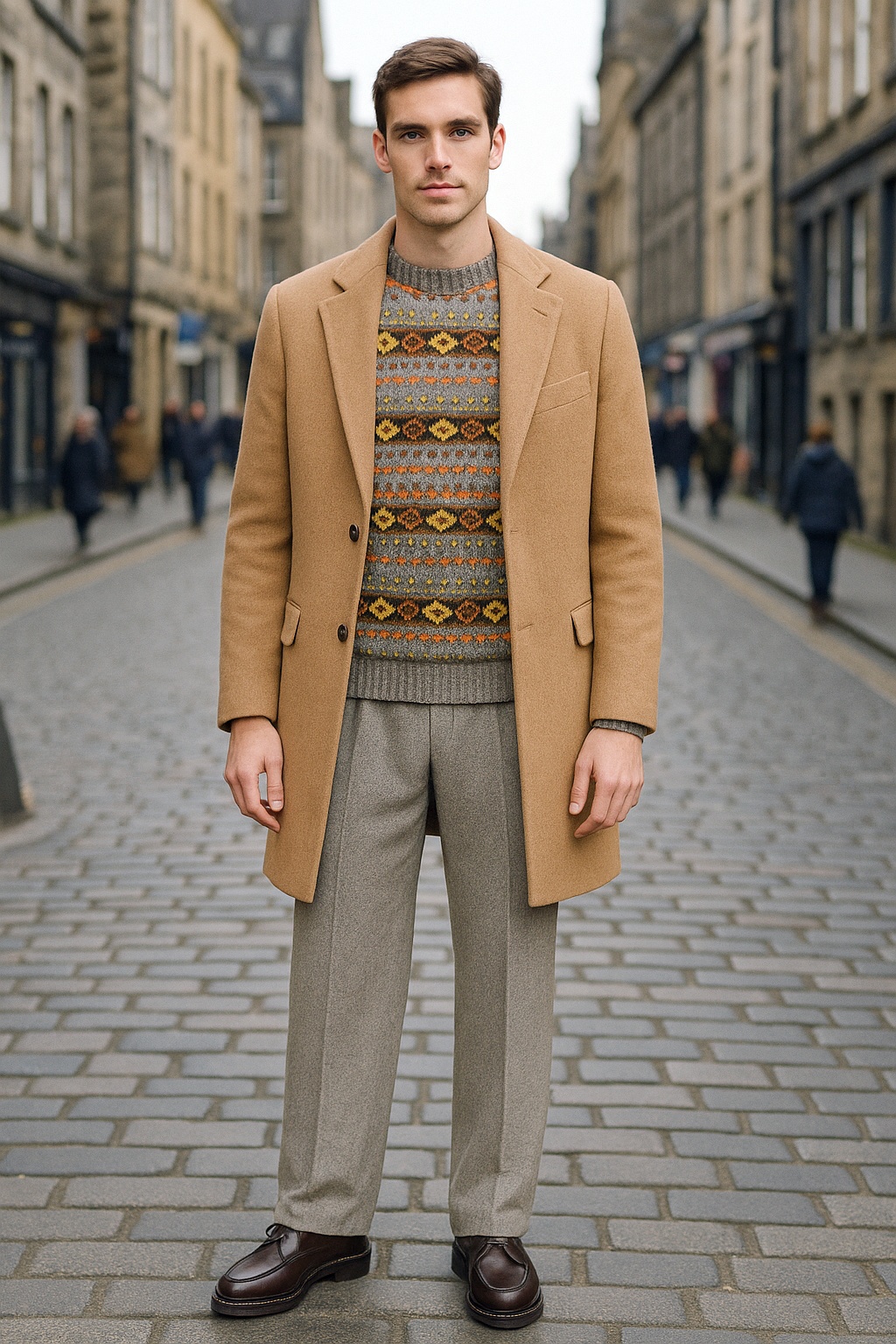 Camel coat, Fair Isle sweater, brown wide trousers, brown derby shoes outfit