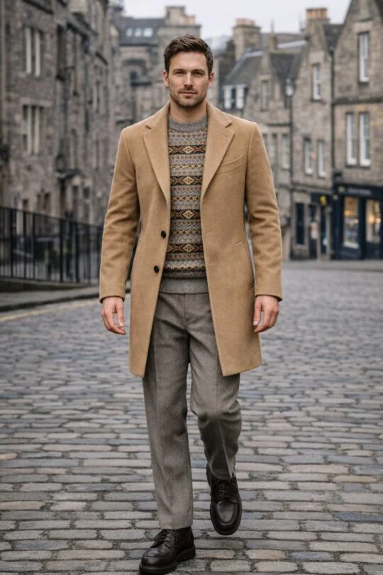 Camel coat, Fair Isle sweater, brown wide trousers, brown derby shoes outfit