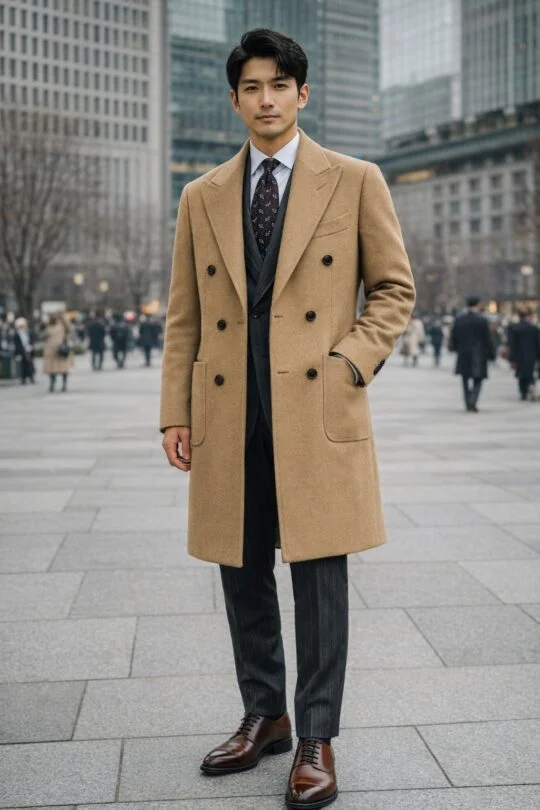 Camel coat, grey pinstripe suit, mahogany oxford shoes outfit