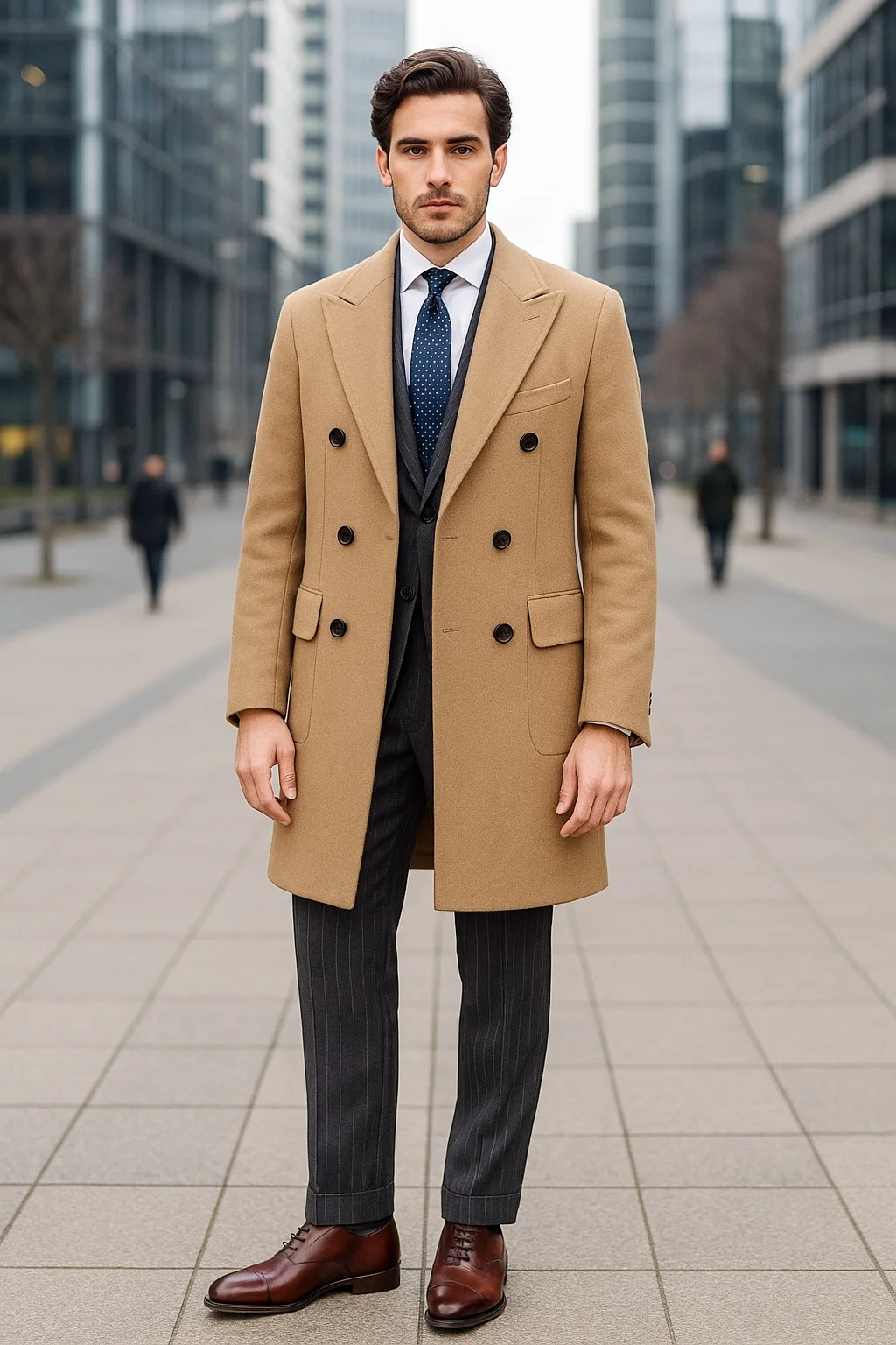 Camel coat, grey pinstripe suit, mahogany oxford shoes outfit