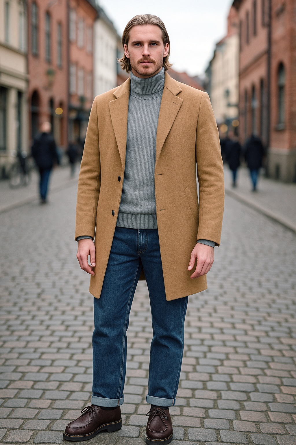 Camel coat, grey sweater, blue jeans, derby shoes outfit