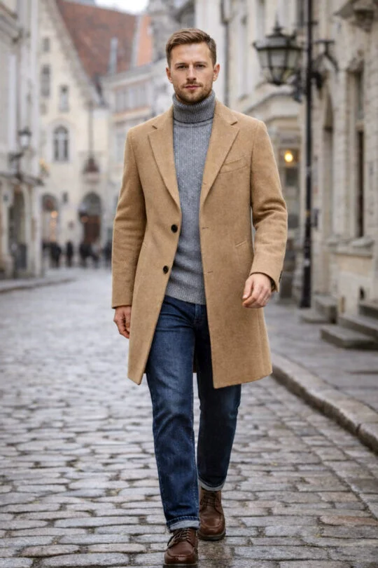 Camel coat, grey sweater, blue jeans, derby shoes outfit