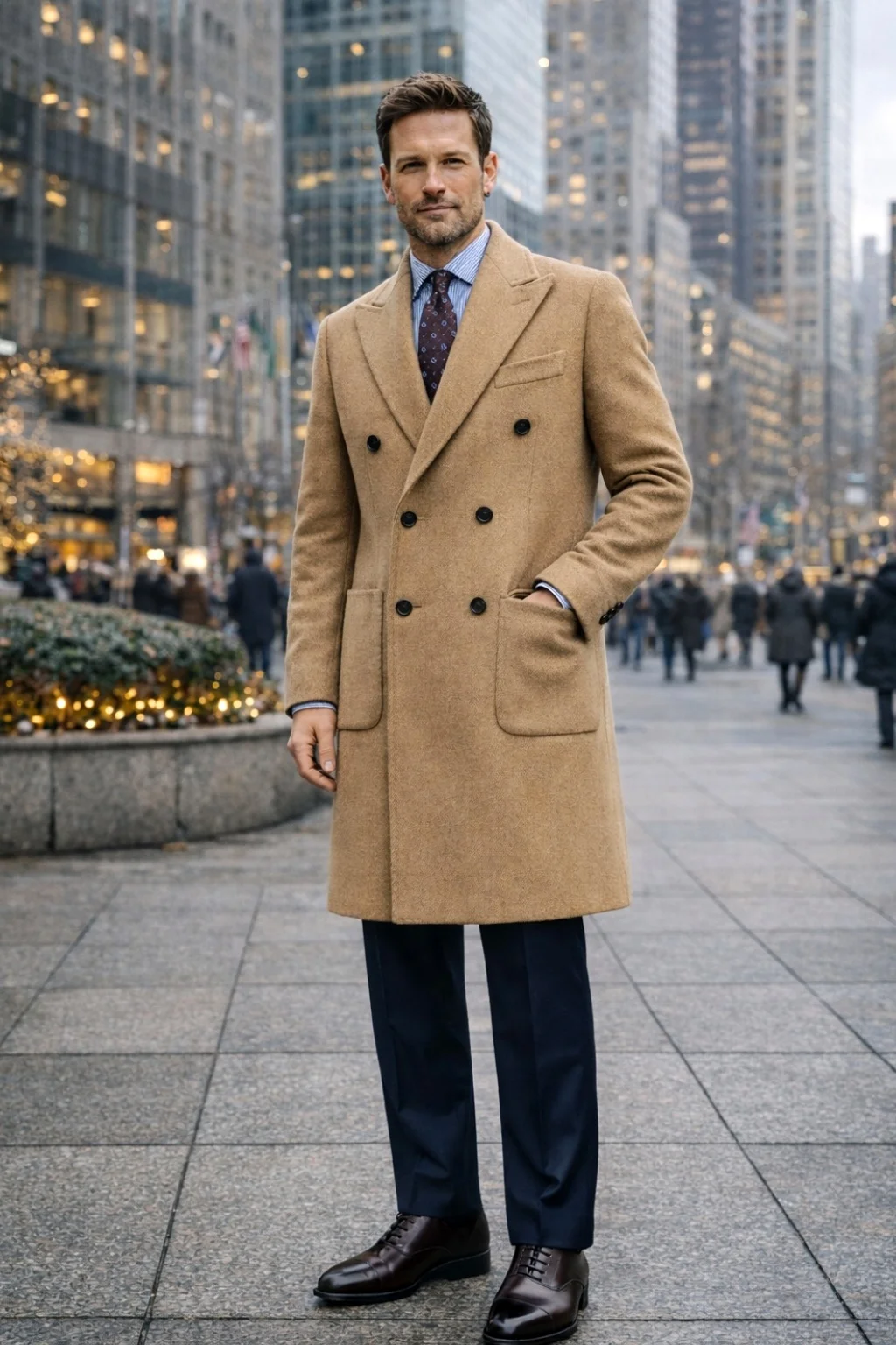 Camel coat, navy suit, brown oxford shoes outfit