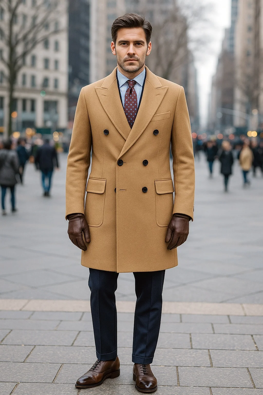 Camel coat, navy suit, brown oxford shoes outfit