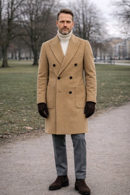 Camel coat, white roll neck, grey trousers, brown chelsea boots outfit