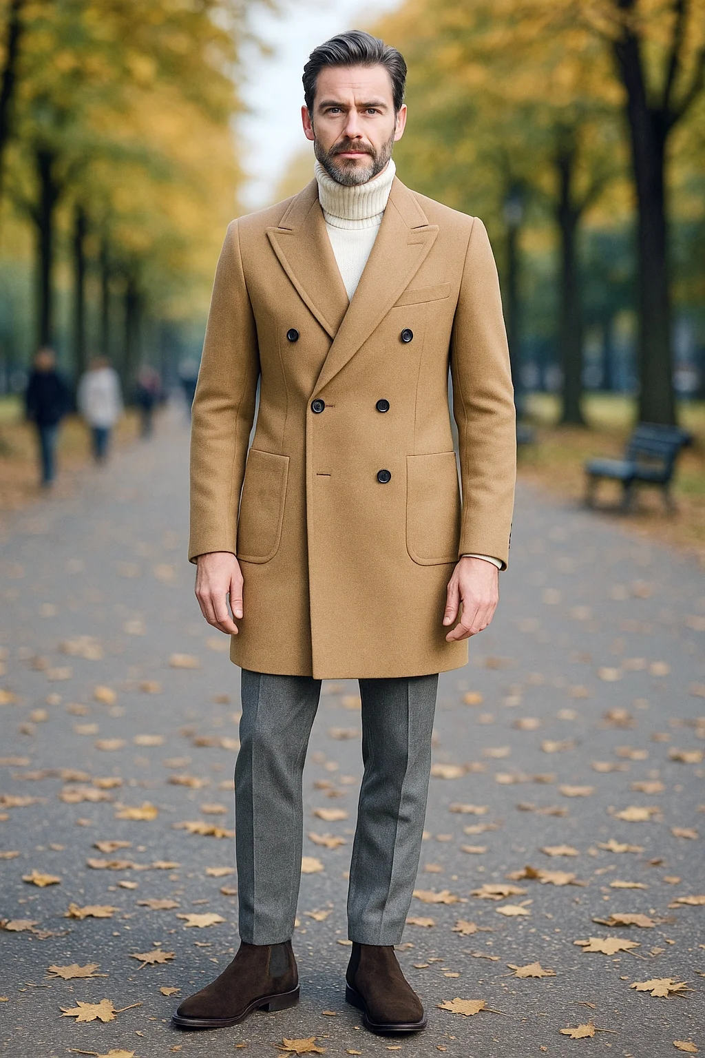Camel coat, white roll neck, grey trousers, brown chelsea boots outfit