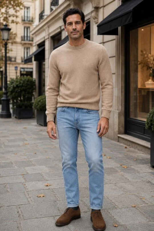 Camel crew neck sweater, light blue jeans, brown derby shoes