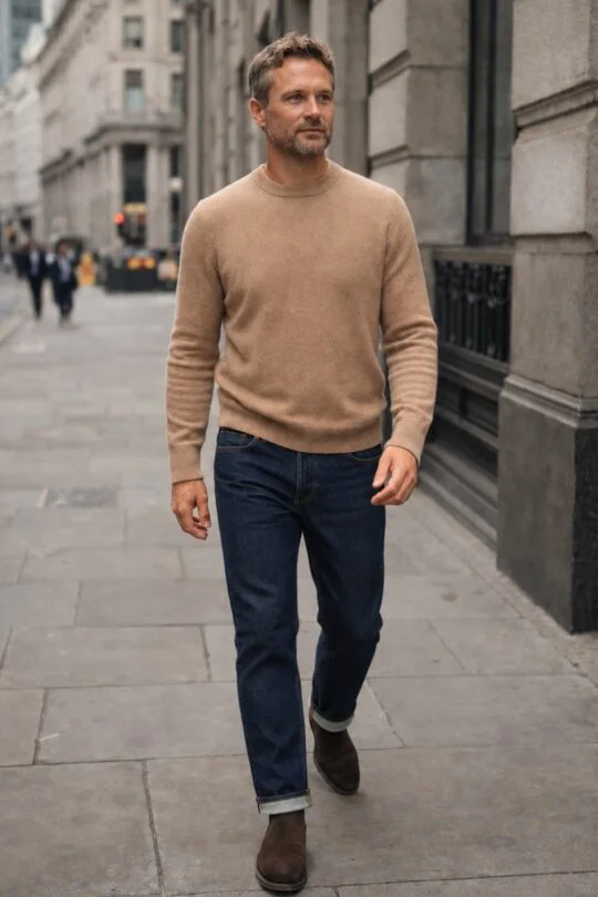 Camel sweater, blue jeans, brown suede Chelsea boots outfit