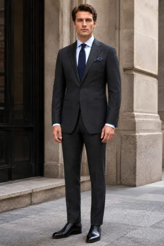 Charcoal suit, light blue shirt, navy tie, black oxford shoes outfit