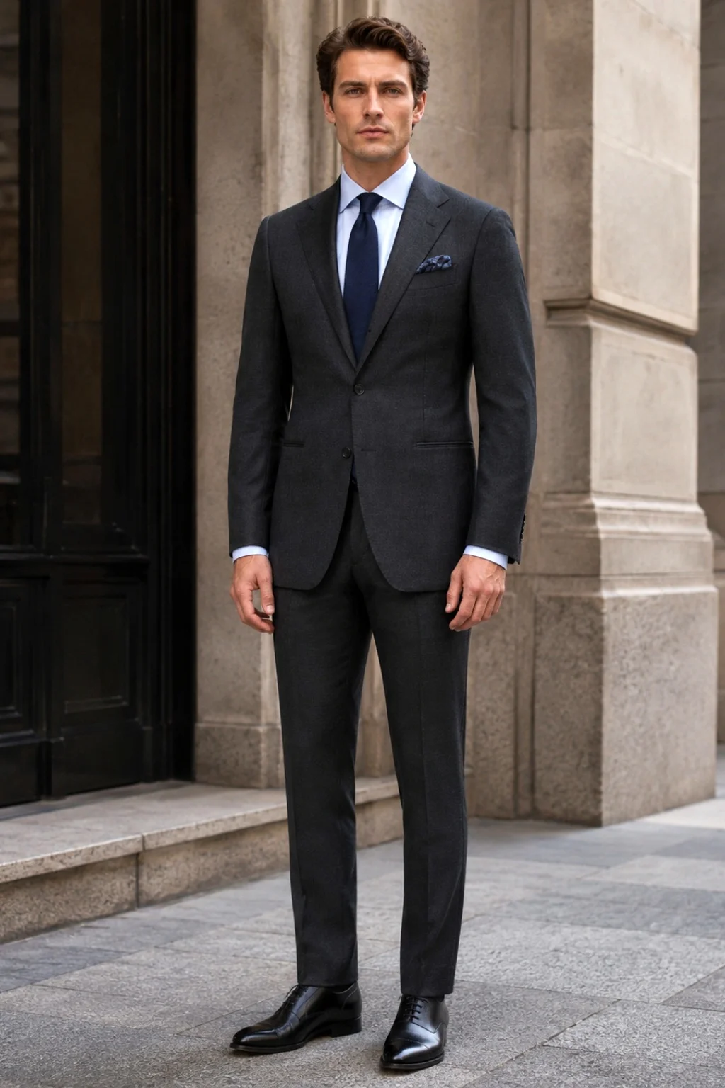 Charcoal suit, light blue shirt, navy tie, black oxford shoes outfit