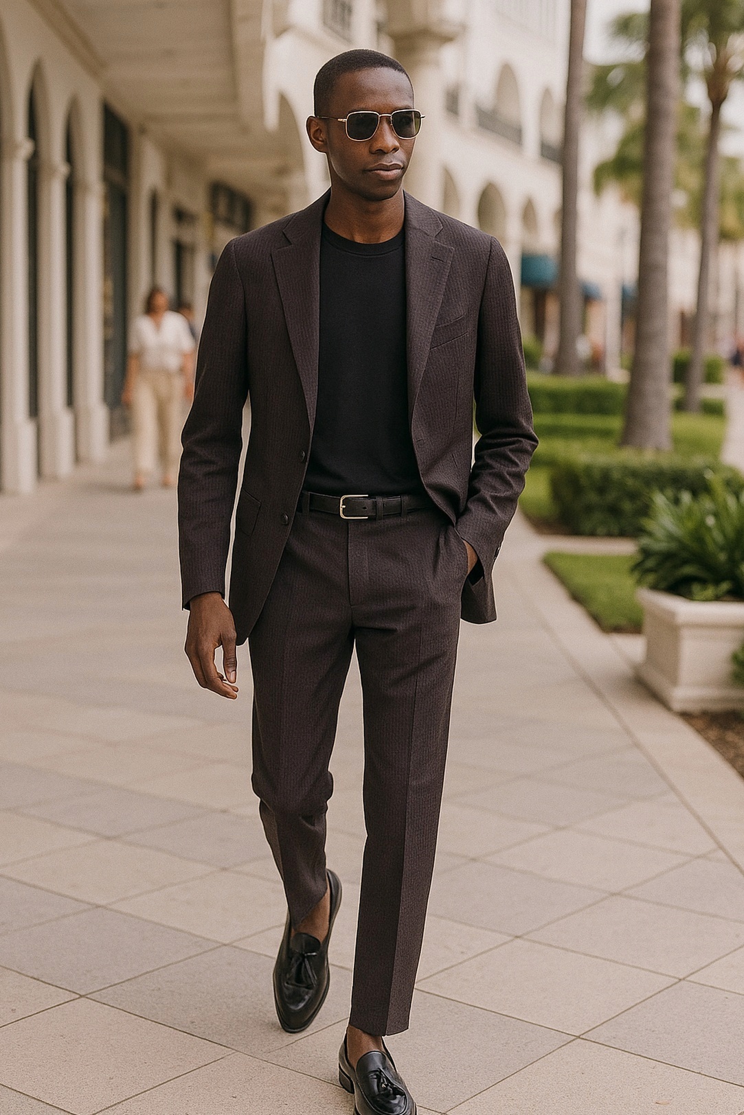 Dark Brown Suit, Black T-Shirt, Black Tassel Loafers Outfit