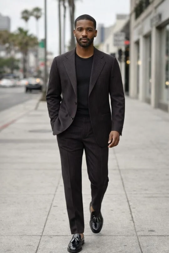 Dark Brown Suit, Black T-Shirt, Black Tassel Loafers Outfit